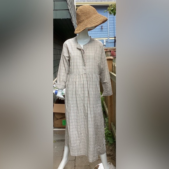 Serendipity Organic  Cotton Dress. Unworn. Summer Light Cream Pastel Plaid Lg - Picture 1 of 10